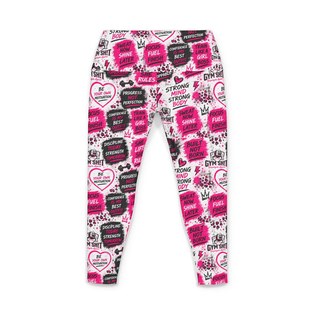 Motivational Pink Graphic Yoga Pants — 'Strong Mind Strong Body' All-Over Print